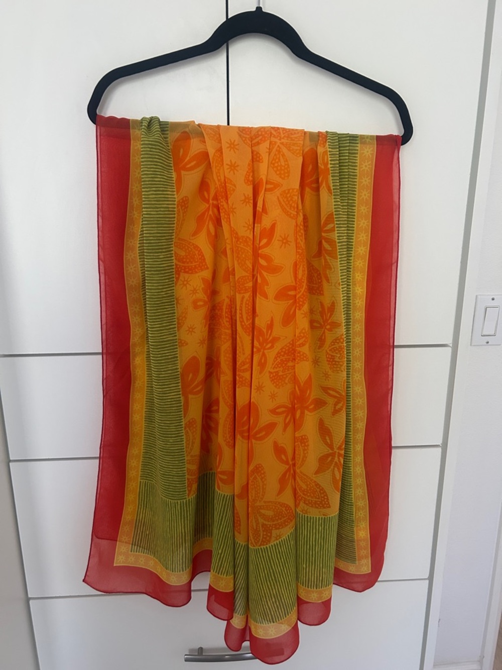 Bright Orange Floral Sheer Scarf with Red & Green Borders